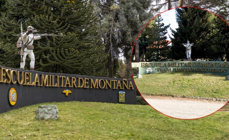 El kirchnerismo acusa al ministro de Defensa de borrar el nombre del general Perón de la fachada de la Escuela Militar de Montaña